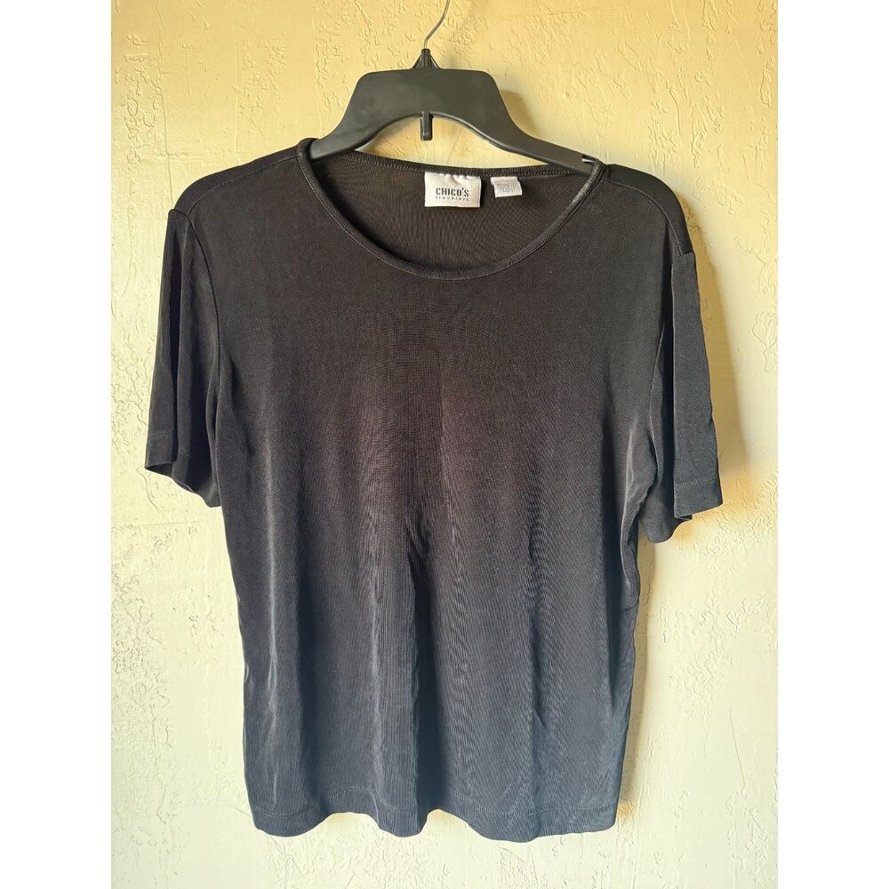 Chico's Travelers Womens Size 1 Medium Black Ribbed Short Sleeve Top Made in USA